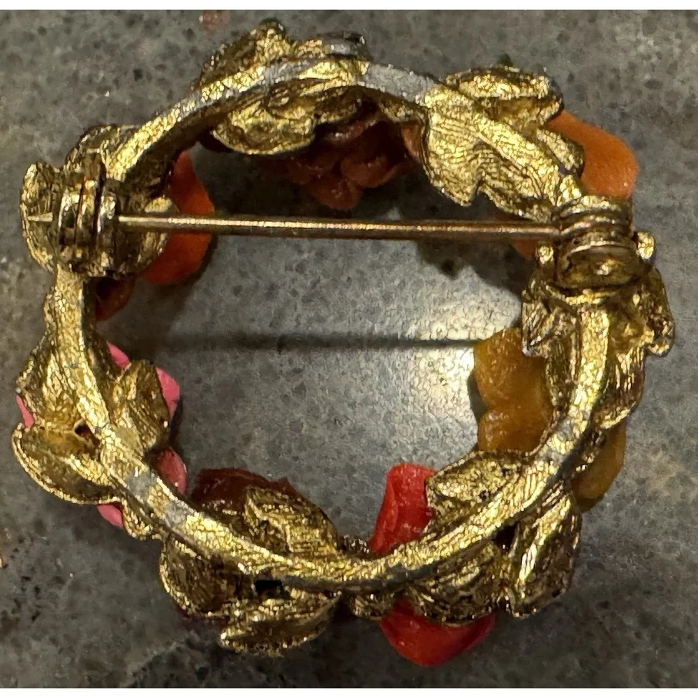 Vintage Floral Wreath Brooch Gold Tone Multi Color Resin Rose Pin